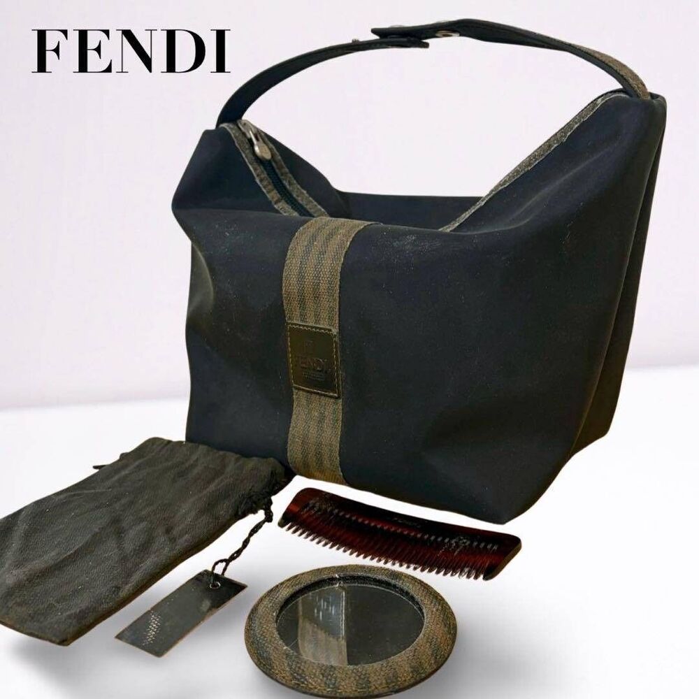 FENDI Zucca Vanity Bag Clutch Handbag Black Mirror Comb